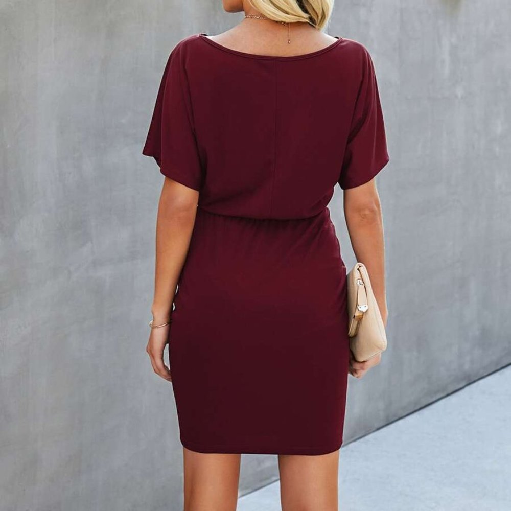 Maroon Solid Batwing Sleeve Belted Fitted Dress - image 3